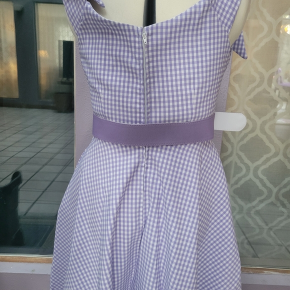 Unique Vintage Lavender Gingham Off Shoulder Dress - Picture 2 of 3